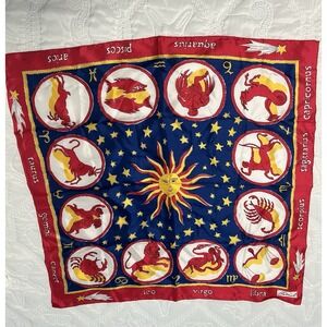 Vintage 1960s Zodiac Astrology Burmel Scarf red blue Gold Silk Celestial retro